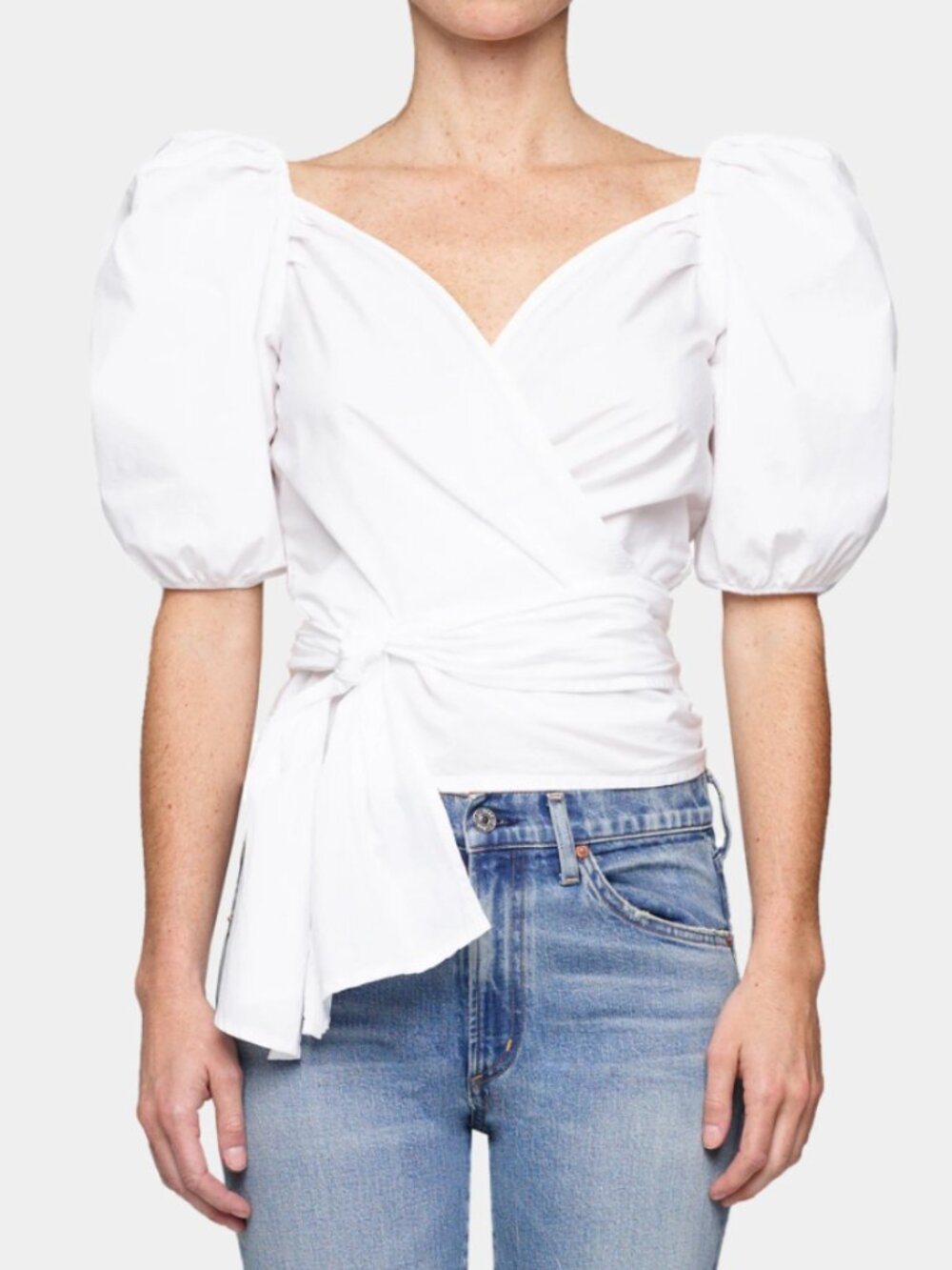 CITIZENS OF HUMANITY Areli Wrap Top White Puff Sleeve Romantic Quiet Luxury Sz M